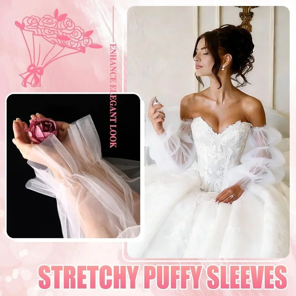 Women's White Long Lace Sheer Stretchy Puffy Ruffled Tulle Detachable Gloves